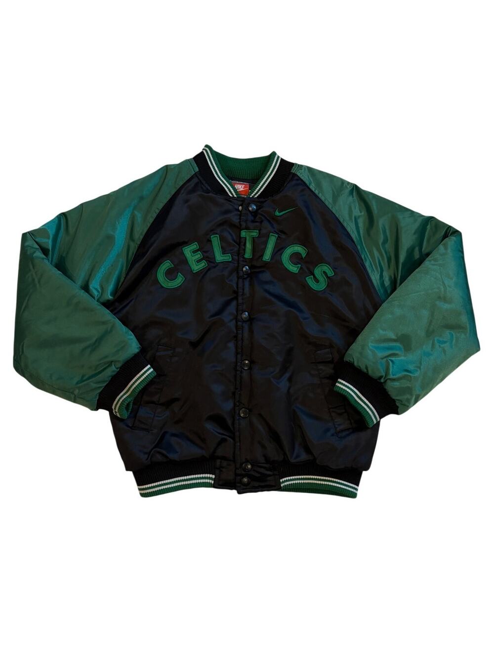 Vtg Nike Boston Celtics Bomber Varsity Satin Jacket Youth Medium Green Y2K *READ